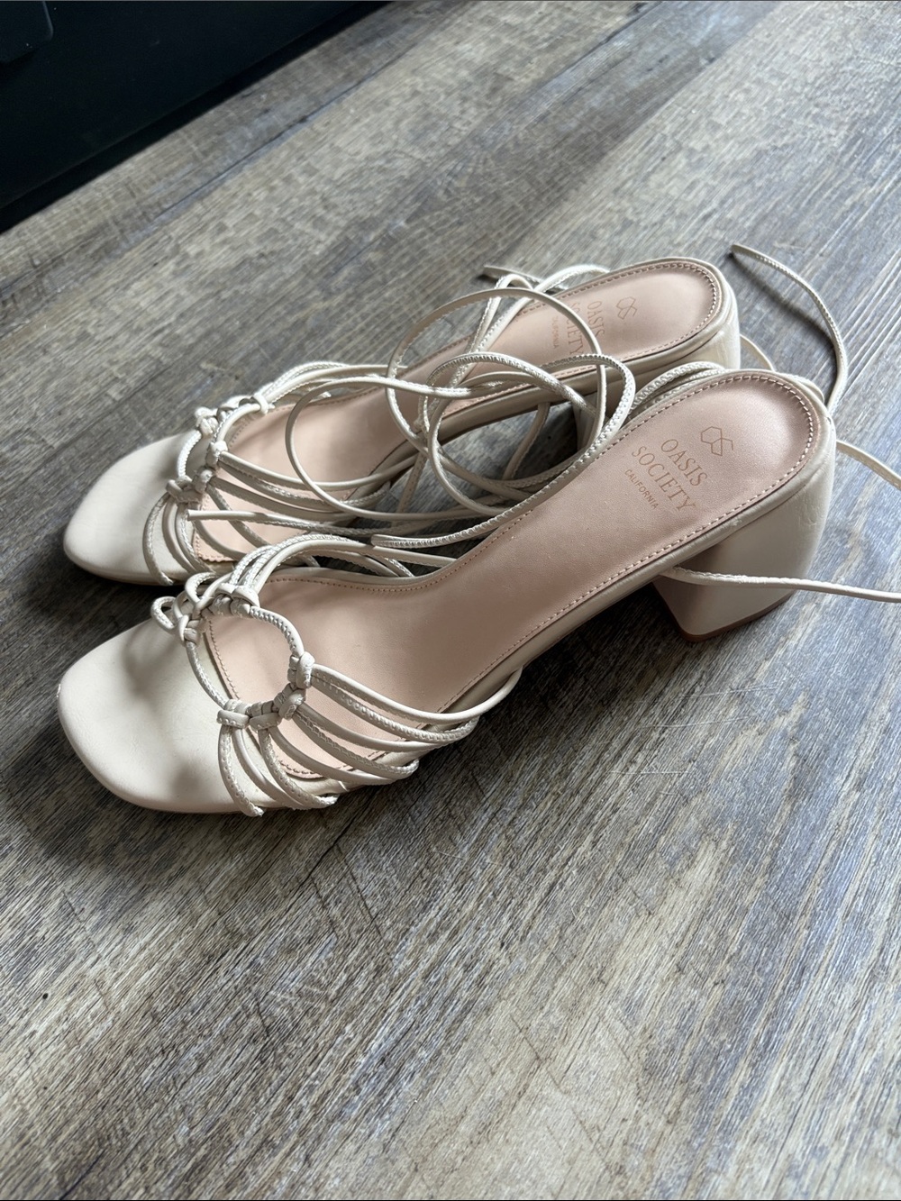 Society Cream Strappy Lace-Up Block Heel Sandals
